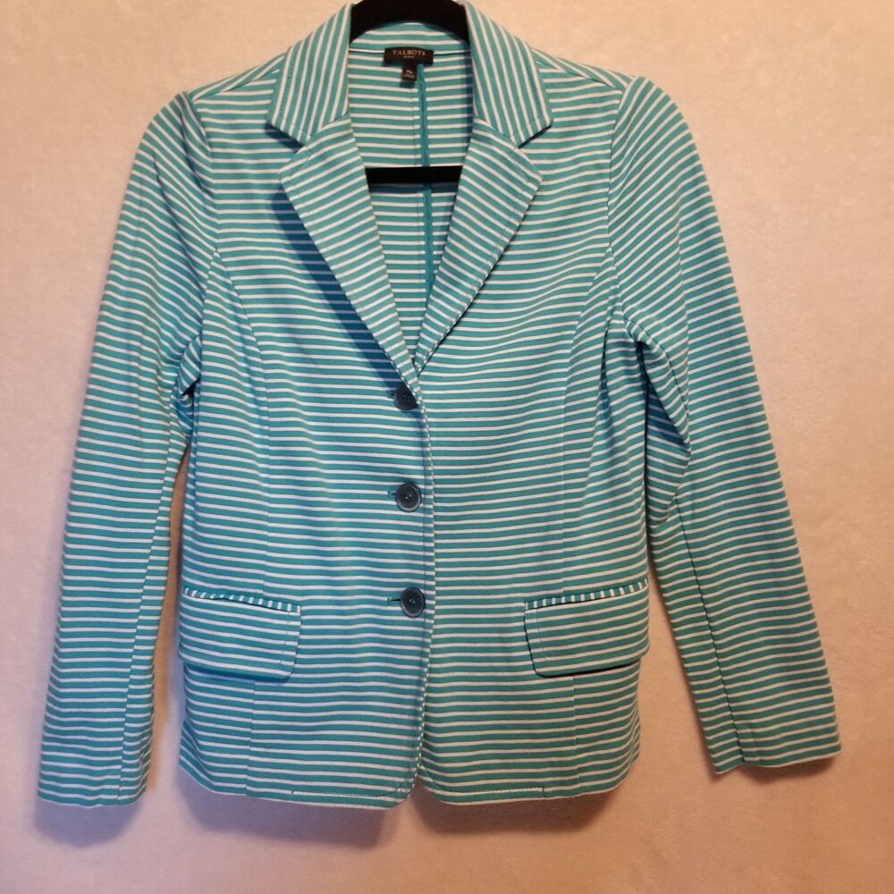 Talbots MP Petite Knit Blazer Aqua Blue Striped Nautical Beach Coastal
